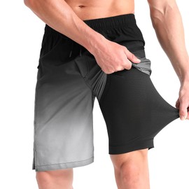 iCKER Men's Swimming Shorts with Compression Liner 2 in 1 Swimming Trunks Quick Dry 9 inch Inseam Board Shorts with Zipper Pockets,Black STK352,M