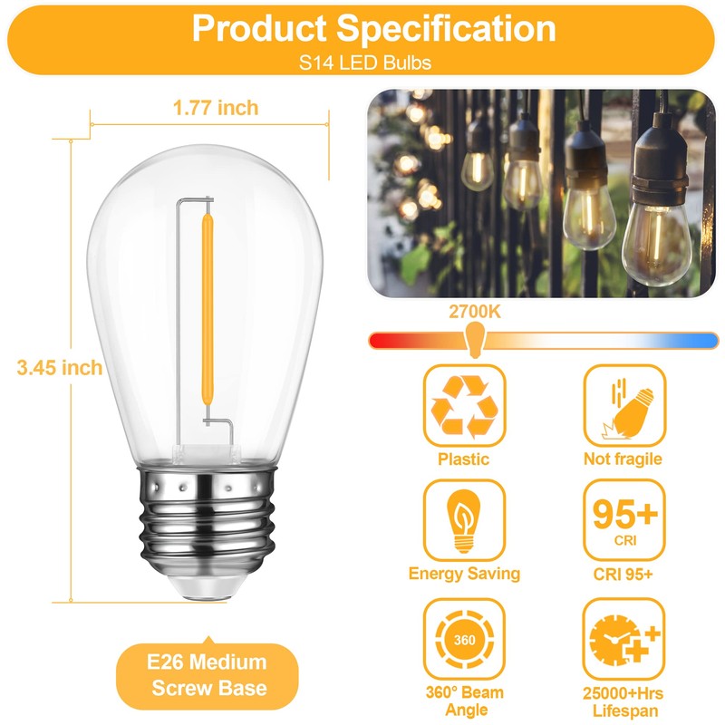 Mlambert LED String Light Bulbs,Shatterproof Outdoor String S14 Replacement Light