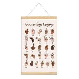 Sign Language Poster Hanger Framed, ASL Alphabet Canvas Print for Kids, Sign Language Alphabet Posters for Boho Classroom Decor, Educational, Back to School