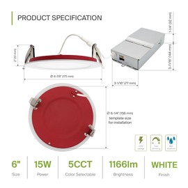 ASD Fire Rated Recessed Light 6 Inch, 5 Colors 2700K/3000K/3500K/4000K/5000K, 1150 Lumens, 2 Hour Fire Rating, Ultra Thin Dimmable Canless Downlight, No Tenmat Needed, Wet and IC Rated, ETL