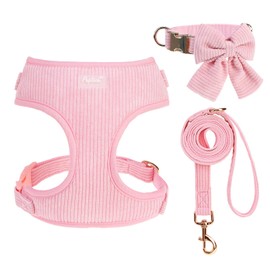 PUPTECK Dog Harness Collar and Leash Set, Adjustable No Pull Pet Vest Harness, Soft Mesh Corduroy with Cute Bow Tie, for Small Medium Dogs Puppy Outdoor Walking, Pink S