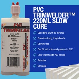 PVC TrimWelder Slow Cure 220 ML Cartridge and 2 Included Qwik Mixers, Will not Foam, Run or Drip, Ready in 90 to 120 Minutes, Medium Viscosity and Solvent-Free White