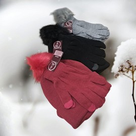 Sterling Sports Ladies Black beanie hat women Bobble Hat Touchscreen Winter Gloves Set/Elegant Womens Hat & Gloves Set beanie hats for women/bobble hat women/women's cold weather sets/womens hats