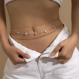 Atentuyi Gold Layered Belly Waist Chain Set Bikini Beach Natural Stone Gravel Waist Chain Bohemian Body Jewellery for Women and Girls 2 Pieces