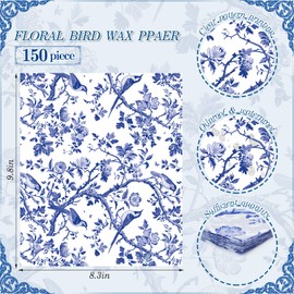 Bravopapier 150Pcs Blue Floral Bird Deli Paper, 9.8 x 8.3in Chinoiserie Floral Bird Grease Proof Food Wrap Paper Liners