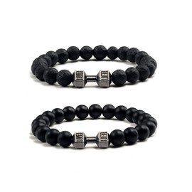 NORLSO Black Dumbbell Bracelet for Men Gym Bros Bracelet Volcanic Lava Stone Adjustable Natural Stone Beads Bracelet Fitness Barbell Jewelry for Men (A)