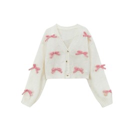 MakeMeChic Girl's 3D Bow Long Sleeve V Neck Button Down Cardigan Sweater Knitted Outerwear White 12Y