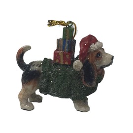 Kirkland's Basset Hound in Sweater, Santa Hat with Presents Christmas Ornament