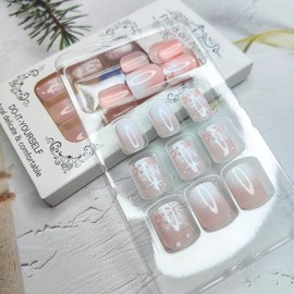 Mkwntg Christmas Press on Nails Short square Fake Nails with White Snowflake Designs Glossy Gradient Winter Xmas Acrylic Nails Nude White Ombre Full Cover False Nails for Women Girls Manicure 24Pcs