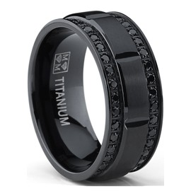 9MM Men's Black Titanium Wedding Band Ring with Double Row Black Cubic Zirconia, Comfort Fit SZ 11
