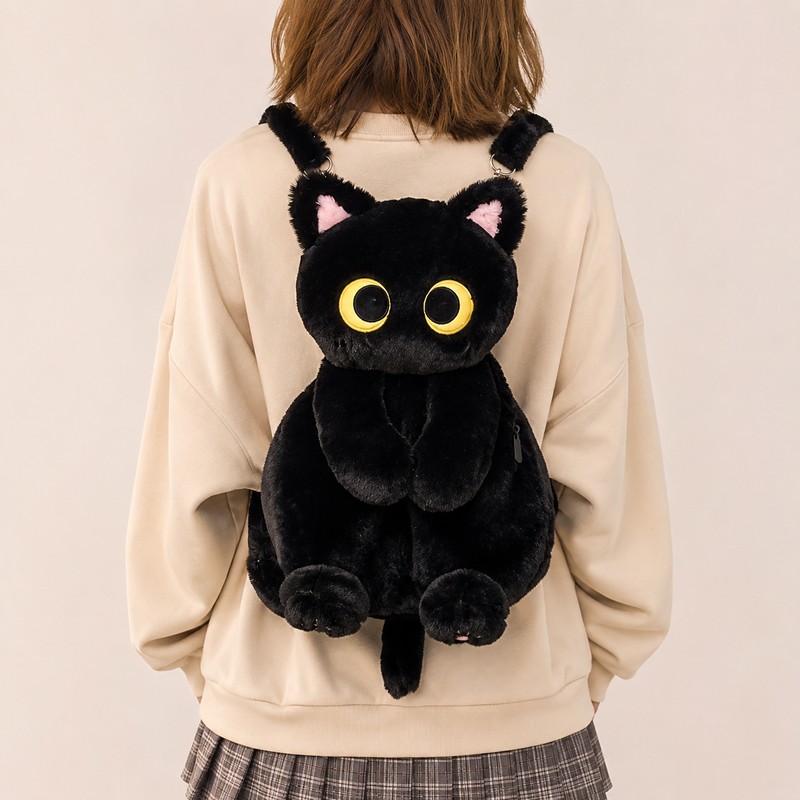 Black Cat Plush Backpack for Everyday Carry – Big-Eye Kawaii