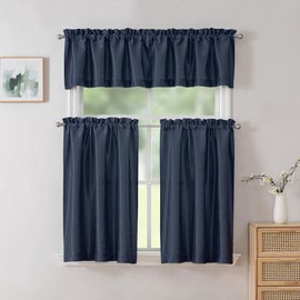 Chyhomenyc Uptown Navy Blue Valance for Window, Faux Silk Room Darkening Rod Pocket Slub Fabric Small Window Valance for Farmhouse Bedroom Basement Bathroom Toppers Windows, 60Wx14L Inch
