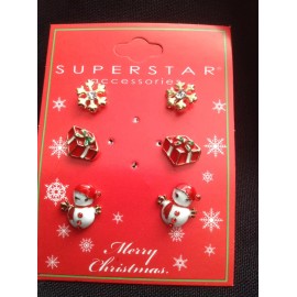 Christmas Earring Set 3 Pairs Gift Present Snowflake & Snowman