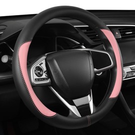 Car Steering Wheel Cover,Microfiber Leather Steering Wheel Cover Universal 14.5-15 inch, Anti-Slip Breathable Auto Wheel Cover Protector for Men Women (Black&Pink)