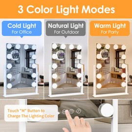 Vanity Mirror with Lights, Hollywood Lighted Makeup Mirror with 3 Color Lighting Modes and 12 Dimmable Bulbs, Detachable 5X Magnification, Smart Touch Control, 360°Rotation, White