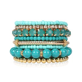 RIAH FASHION Multi Color Stretch Beaded Stackable Bracelets - Layering Bead Strand Statement Wrap Bangles (Original - Turquoise, 7.0 Inches)