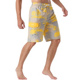 Nonwe Mens Beach Shorts Long Breathable Patterned Board Shorts with Lining Yellow 34