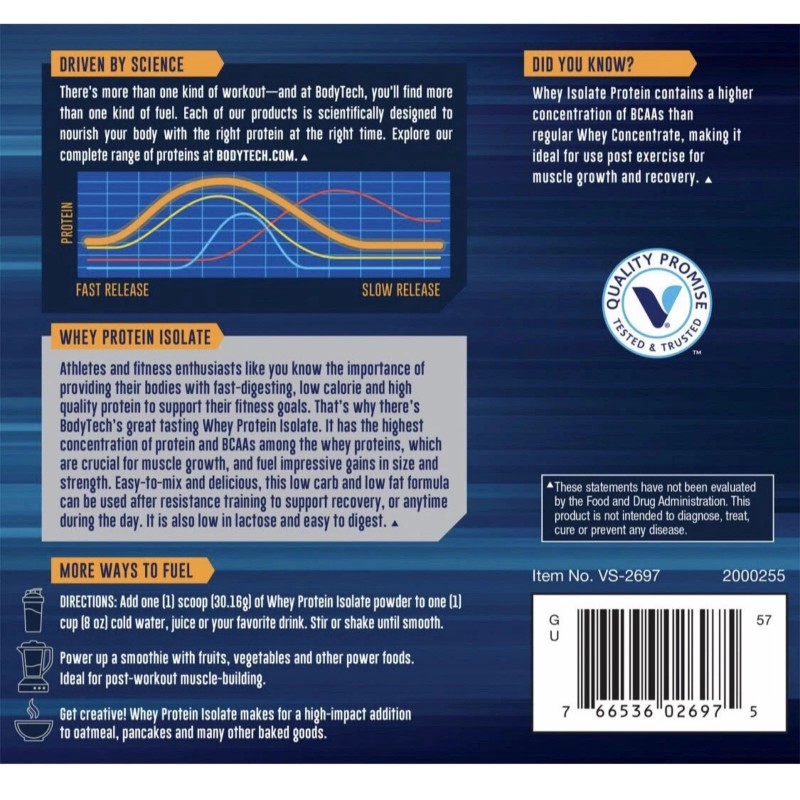 BodyTech Whey Protein Isolate Cookies&Cream 24oz 1.5lbs 22 Servings 25g