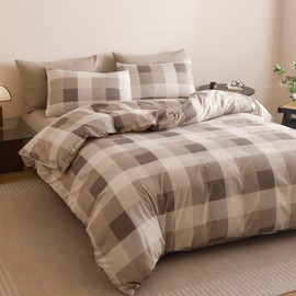 CLOTHKNOW Buffalo Plaid Queen Comforter Set 3Pcs Gingham Bedding Comforter Sets Khaki Brown Beige Geometric Comforter Queen Sets with 2 x Pillow Cases