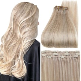 Full Shine Lace Clip in Hair Extensions Human Hair Highlighted Ash Blonde Hair Extensions for Women Clip in Human Hair Extensions 3 Pieces 16 Inch Color 18/613