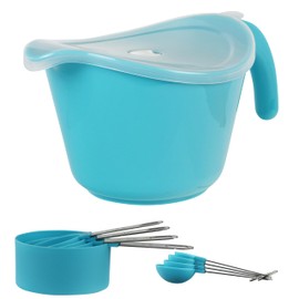 Batter Bowl With Pour Spout, Non-Slip Base,Space Saving Detachable Handle with Lid, Mixing with Measuring Spoons and Cups 2 QT Heavy Duty BPA-Free Microwave & Dishwasher Safe (Turquoise)