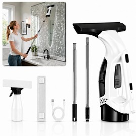 Window Vacuum Squeegee with Long Handle, Cordless Window Vacuum Cleaner, Electric Window Cleaner and Shower Glass Cleaner for Mirrors, High Windows, Tiles, Car Windows, 3000Pa, Type-C