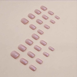 Foccna Nude Press on Nails Chrome Fake Nails Square Glossy Short False Nail Tips Artificial Finger Manicure for Women and Girls 24pcs