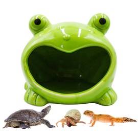 Reptile Tank Accessories – Ceramic Cartoon Frog Hideout with Open-Mouth Entrance, Cute Habitat Shelter for Hermit Crabs, Tortoises, Geckos, Tarantulas & Small Reptiles