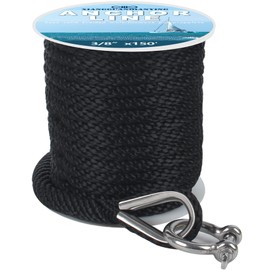 Anchor Rope 150 Ft x 3/8 Inch Premium Solid Braid MFP Anchor Line with 316 Stainless Steel Thimble and Heavy Duty Shackle Marine Boat Rope - Black