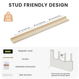 Long Floating Shelves for Wall, 56 inch Solid Wood Picture Ledge Shelf, Picture Shelf for Wall with Ledge, Floating Book Shelves for living room Bedroom Nursery Decor, Natural Unfinished, Set of 2