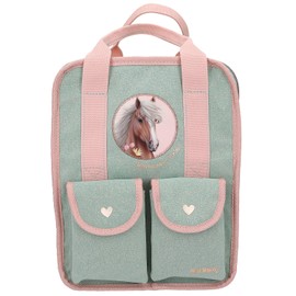 Depesche 13406 Miss Melody Romantic Fields Backpack in Green and Pink with Horse Patch and Glitter, Bag with Adjustable Straps, Colour: Pink