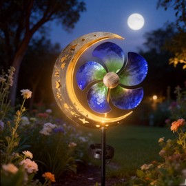 Solar Powered Wind Spinner Stake Light, Warm White LED Moon & Flower Windmill Light, Waterproof Solar Pathway Light for Outdoor Yard, Lawn, Patio, Walkway Decor