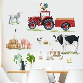 wondever Farm Animals Cow Wall Stickers Red Truck Roosters Peel and Stick Wall Art Decals for Kitchen Living Room Kids Room