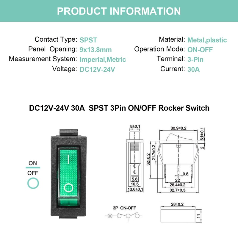 QTEATAK KCD3 SPST On/Off 3-Pin 2-Position Snap DC 12V-24V 30A