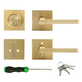 Cielsa Dawn Gold Heavy Duty Privacy Lever Door Handle and Single Cylinder Deadbolt Lock and Key Combo Pack - Locking Lever Set for Left or Right-Handed Doors - Exterior Door Levers - Satin Brass