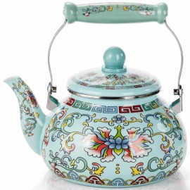 Unbranded 2.6 Quart Floral Enamel Tea Kettle, Vintage Enameled Teapot Stovetop, Enamel on