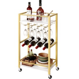 MAHANCRIS Bar Cart for Home, Mini Rolling Wine Cart, 3 Tier Serving Cart, Kitchen Storage Cart with Wine Rack and Glass Holders, for Kitchen, Dining Room, Living Room, Gold and White RCJW9301