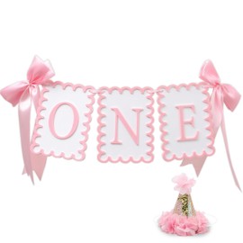 2PCS ONE Highchair Banner, Happy 1st Birthday Banner and Lace Cone Hat, Party Decorations for Baby Girl(pink)