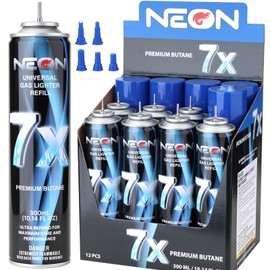 NEON Butane Refill, 300ml 7X Filtered Premium Butane Fuel, 12 Cans Pure Refined Lighter Fluid with 0 Impurities & 5 Butane Gas Adapters for Refillable Lighters, Butane Torches, Kitchen Blow Torch