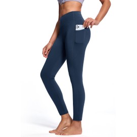 SEVEGO Women Fleece Lined Tall Yoga Leggings Thermal Warm Winter High Waisted Workouts Pants with Pockets, 34", Dark Blue, Large