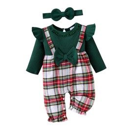 FOCUTEBB 3-6 Month Baby Girl Clothes Fall Winter Outfits Long Sleeve Bodysuit Cute Ruffle Romper Plaid Suit Fashion Necklace Decoration One Piece Jumpsuit Headband 2pcs Set Dark Green 3-6 Months