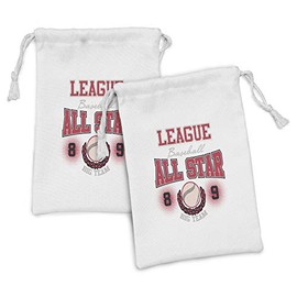 Lunarable Sports Fabric Pouch Set of 2, Traditional American Style Vintage Baseball Art with League Lettering, Small Drawstring Bag for Toiletries Masks and Favors, 9" x 6", Dark Coral Black Peach