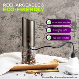 Rechargeable Electric Salt or Pepper Grinder, Automatic Gravity Mill with Adjustable Coarseness, Brushed Stainless Steel, Ceramic Blades and Refillable Glass (Bronze grinder - 1 unit)