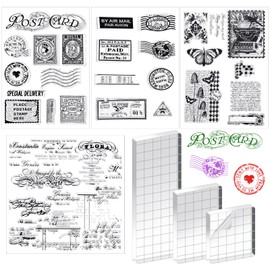 Yinder 7 Piezas Set de Sellos Transparentes de Goma Vintage Sellos de Silicona de Franqueo Transparente de 4 Hojas 3 Herramientas de Bloque de Sello Acrílico con Líneas de Cuadrícula
