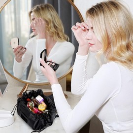 Large Capacity Flat Lay Drawstring Makeup Bag,Black Lazy Flat Drawstring Drawstring Bag,Lazy Cosmetic Pouch,Portable Travel Storage Organizer for Women,Girls,for Cosmetics and Going Out Essentials.