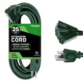 Thonapa Weatherproof Green Extension Cord 25 ft 3 Outlets, 16/3 SJTW Outdoor Extension Cord with Multiple Outlets 25 Foot, 13 AMP Exterior Electric Cable 3 Way Plug for for Outdoor Lights, Landscaping