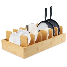 Pot Lid Organizer Adjustable Pot Lids Holder Rack, Pots and Pans Organizer under Cabinet, Wooden Expandable Bakeware and Cutting Board Organizers, Kitchen Storage Tool