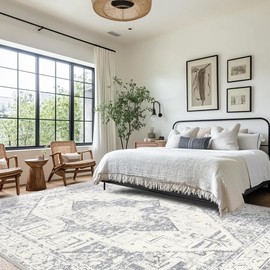 Boho Jacquard Washable Area Rug 8X10 Vintage High-Low Textured Tumble Rugs for Living Room Soft Large Neutral Indoor Floor Carpets with Non-Slip for Bedroom, Dining Room, Home Office, Dorm, Gray