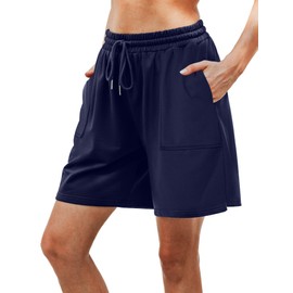 Cowasto Bermudas de algodón para mujer, casuales, sueltas, atléticas, con cordón en la cintura y bolsillos, Azul marino, XL