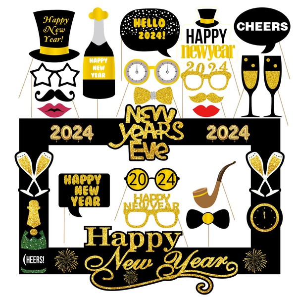 LMSHOWOWO 20PCS Happy New Year's Eve Party Photo Booth Props, 2024 New Year Photo Booth Frame, Glitter Happy New Year Selfie Props, New Years Eve Party Supplies, for New Year Party Decorations